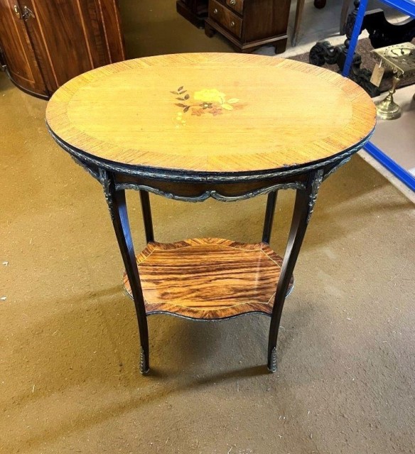 Antique French Marquetry Inlaid Side Table with Brass Ormolu Embellishments