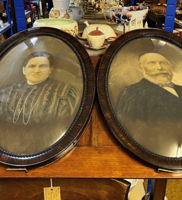 Antique Pair of Charcoal Portraits of a Lady and Gentleman in Convex Bubble Glass Faux Rosewood Frames