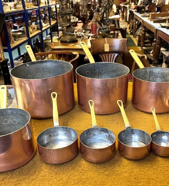 Vintage Set of 9 Copper Graduated Cooking Pots with Brass Handles