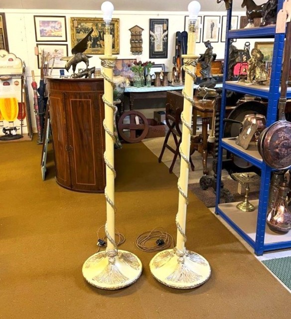 Antique Pair of Terracotta Standard Lamps with Gilt Rope Detailing