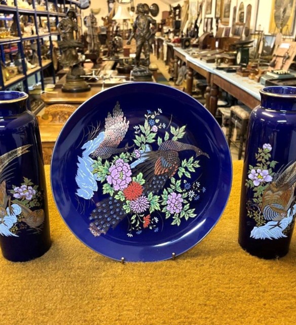 Vintage Pair of Japanese Porcelain Vases and Plate Cobalt Blue and Gilt Floral Pheasant Design