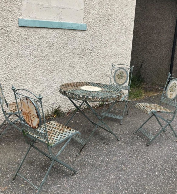 Vintage Metal Bistro Table and Chairs with Floral Relief Panel Decoration