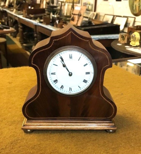 Edwardian Duverdry & Bloquel Flame Mahogany Inlaid Mantle Clock