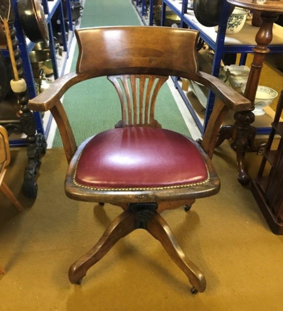 Vintage Oak Swivel / Tilt Office Chair with Leather Seat