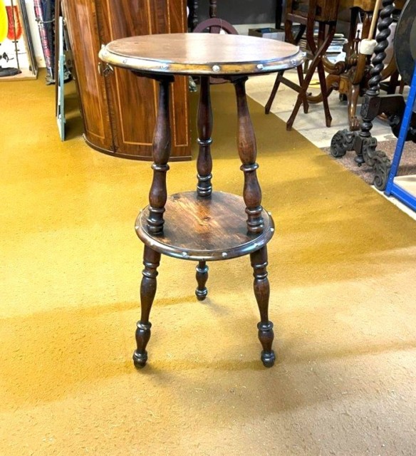 Antique Mahogany Gypsy Table with Turned Legs and Brass Studding