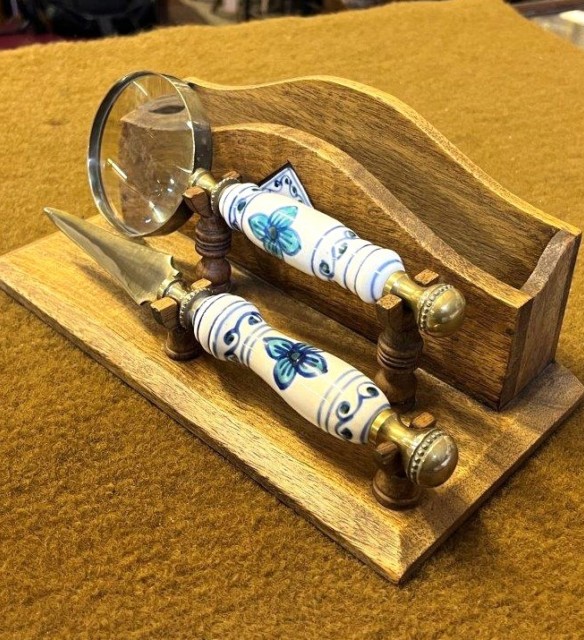 Vintage Letter Rack with Ceramic and Brass Magnifying Glass and Letter Opener