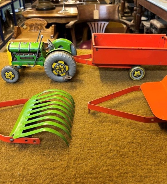 Vintage Mettoy Clockwork Tractor with Tipping Trailer, Mowing Machine and Hay Rake