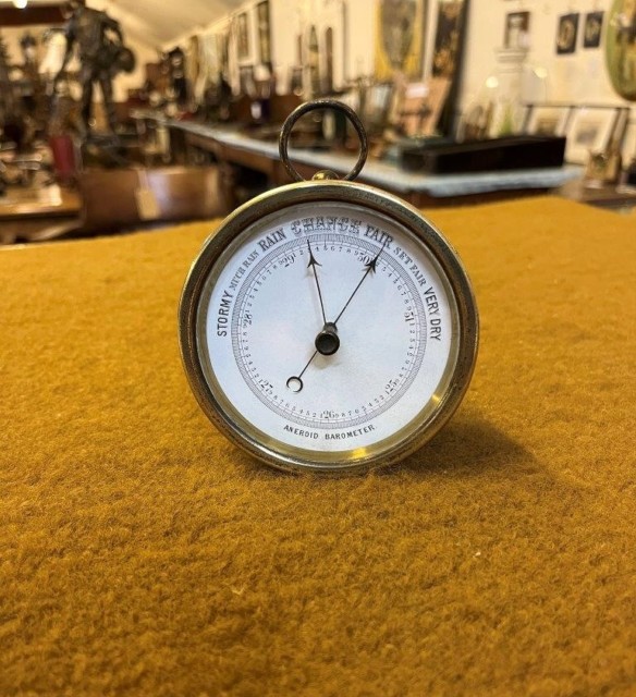 Vintage Brass Desk Top or Hanging Aneroid Barometer