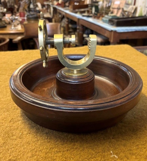 Vintage Hardwood Nut Bowl with Brass Ships Wheel Nut Cracker