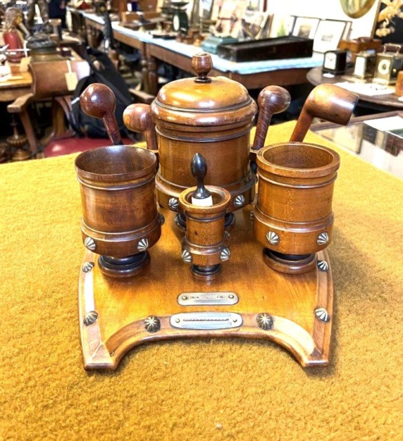 Edwardian Turned Wood Pipe Smokers Set on Tray