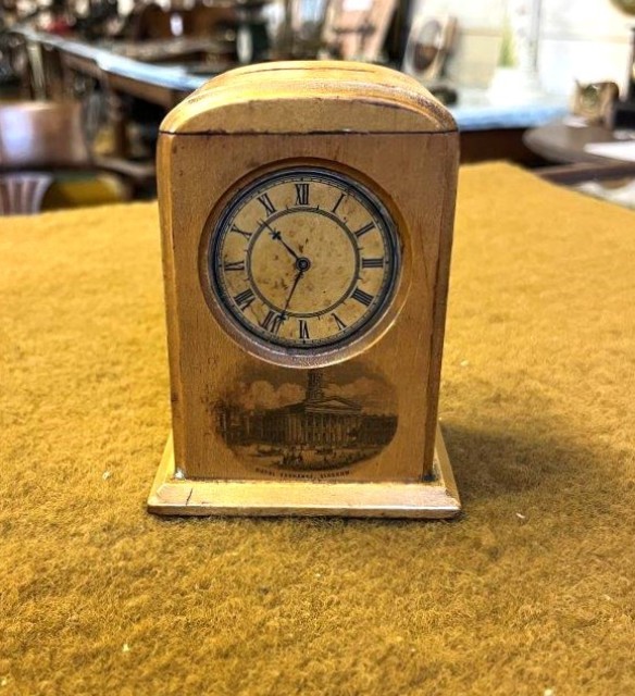 Rare Antique Clock Shaped Mauchline Ware Penny Bank 'Royal Exchange Glasgow'