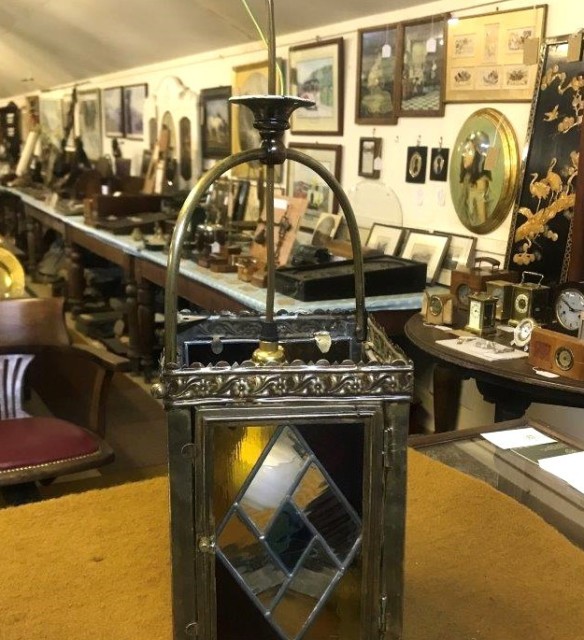 Antique Brass Leaded Stained Glass Lantern Porch / Vestibule Lamp